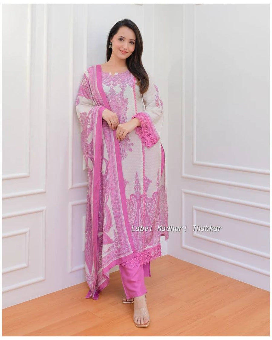 ATTRACTIVE MUSLIN DIGITAL PRINT WORK TOP BOTTOM WITH DUPATTA PINK