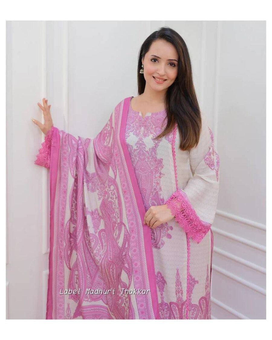 ATTRACTIVE MUSLIN DIGITAL PRINT WORK TOP BOTTOM WITH DUPATTA PINK