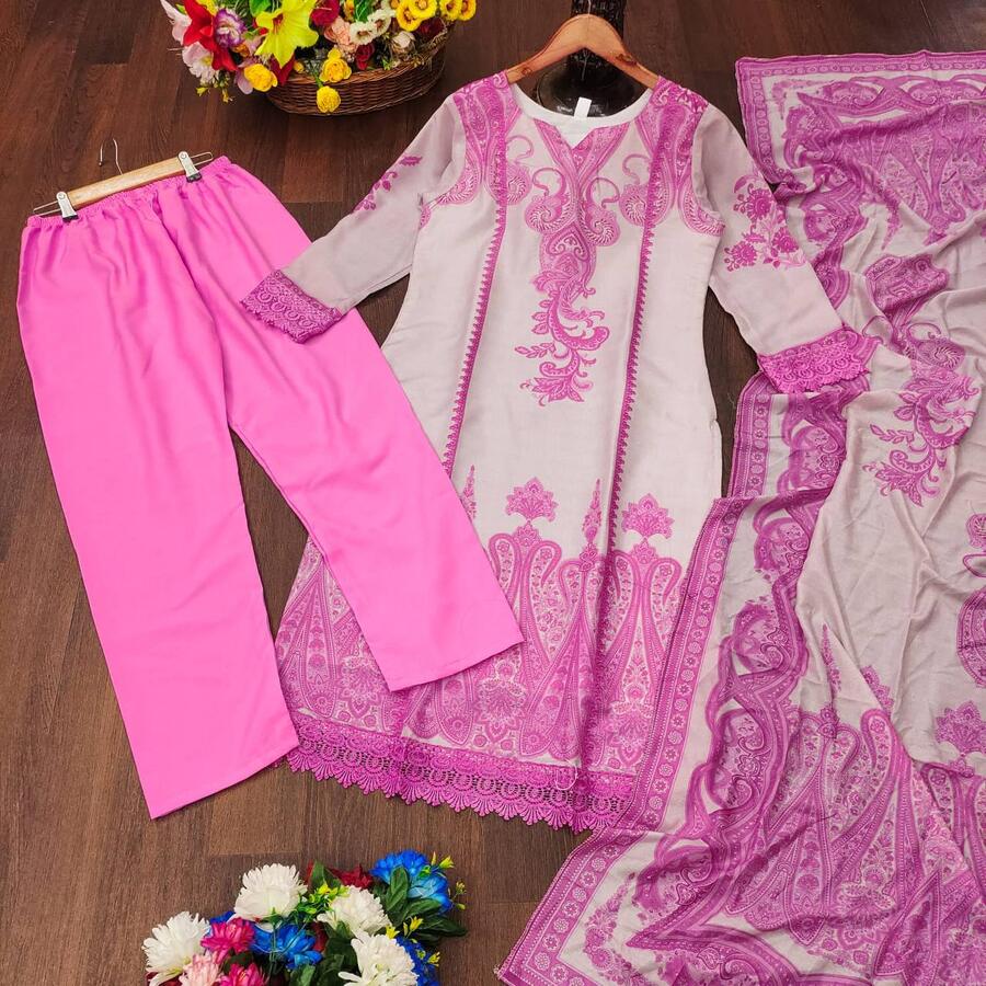 ATTRACTIVE MUSLIN DIGITAL PRINT WORK TOP BOTTOM WITH DUPATTA PINK