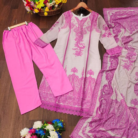 ATTRACTIVE MUSLIN DIGITAL PRINT WORK TOP BOTTOM WITH DUPATTA PINK