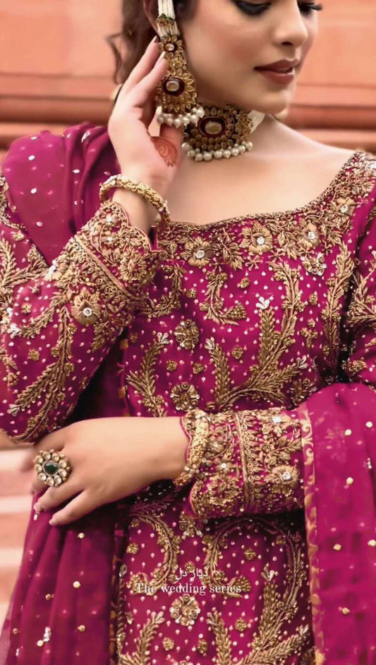 FANCY GEORGETTE EMBROIDREY STONE WORK TOP PALAZZO WITH DUPATTA PINK