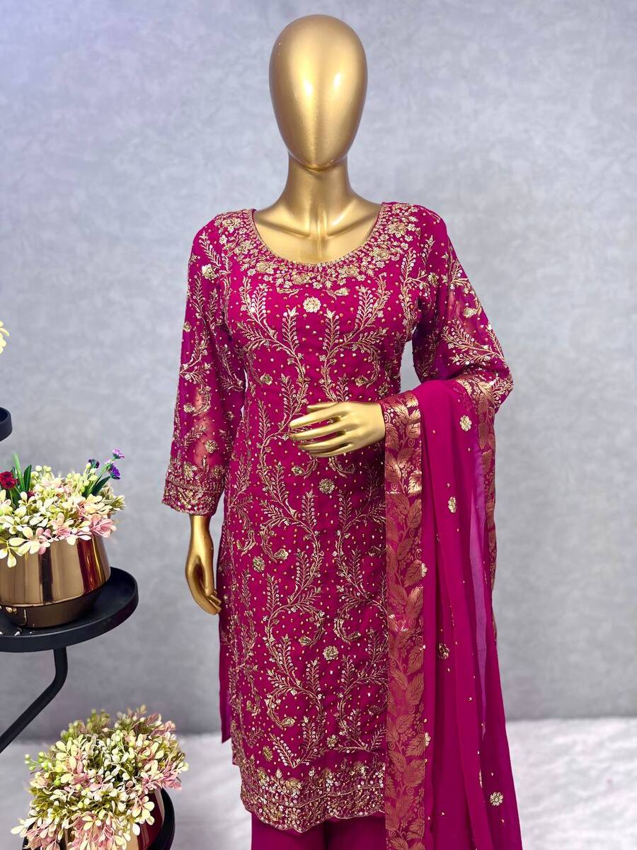 FANCY GEORGETTE EMBROIDREY STONE WORK TOP PALAZZO WITH DUPATTA PINK