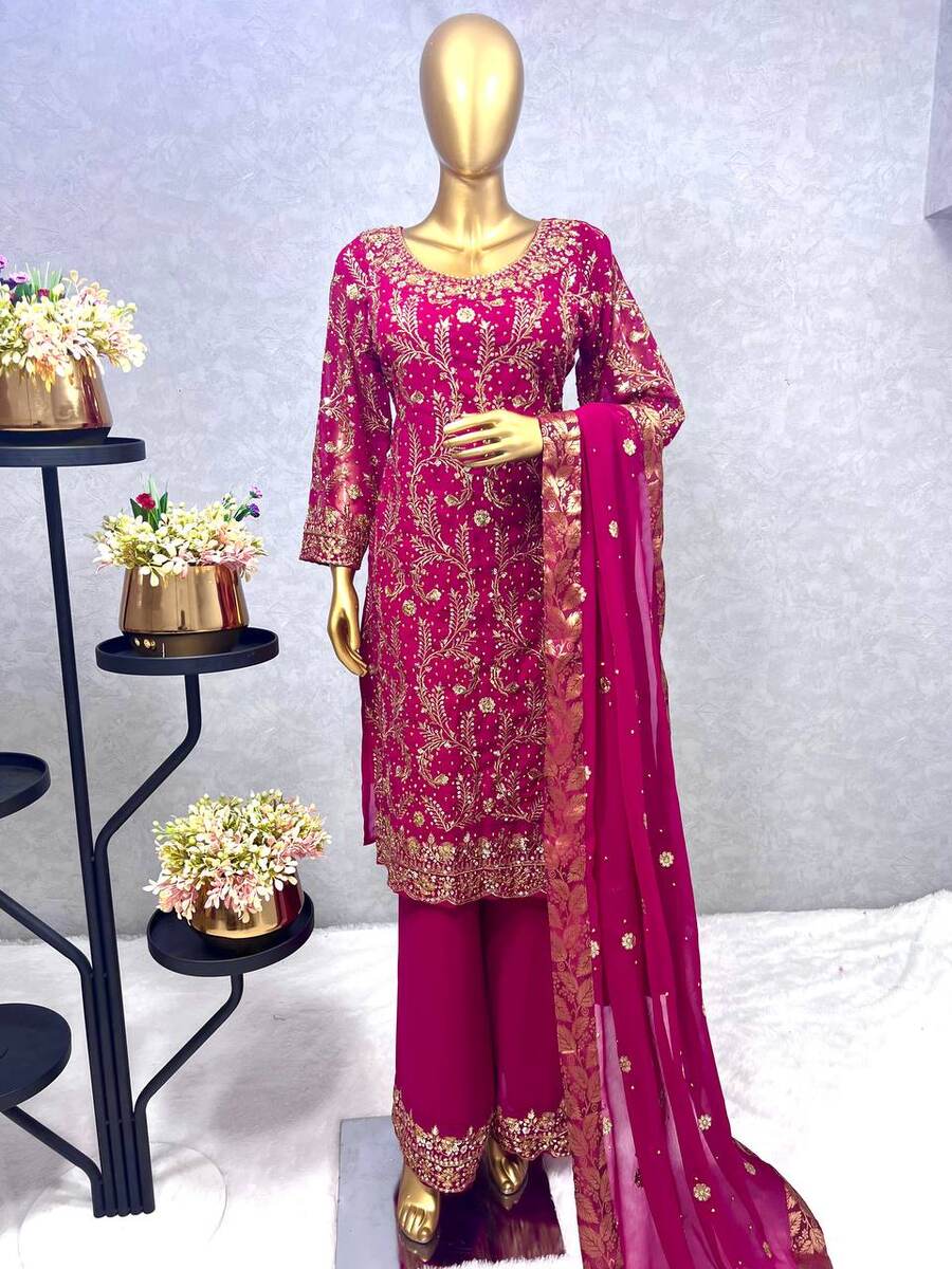 FANCY GEORGETTE EMBROIDREY STONE WORK TOP PALAZZO WITH DUPATTA PINK