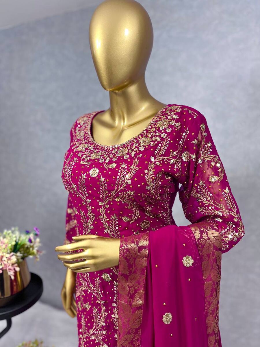 FANCY GEORGETTE EMBROIDREY STONE WORK TOP PALAZZO WITH DUPATTA PINK