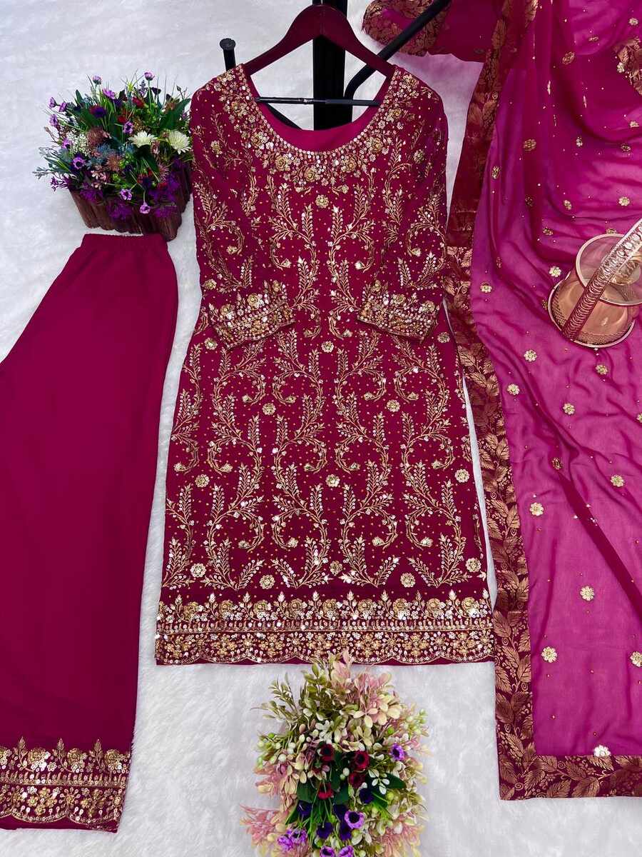 FANCY GEORGETTE EMBROIDREY STONE WORK TOP PALAZZO WITH DUPATTA PINK