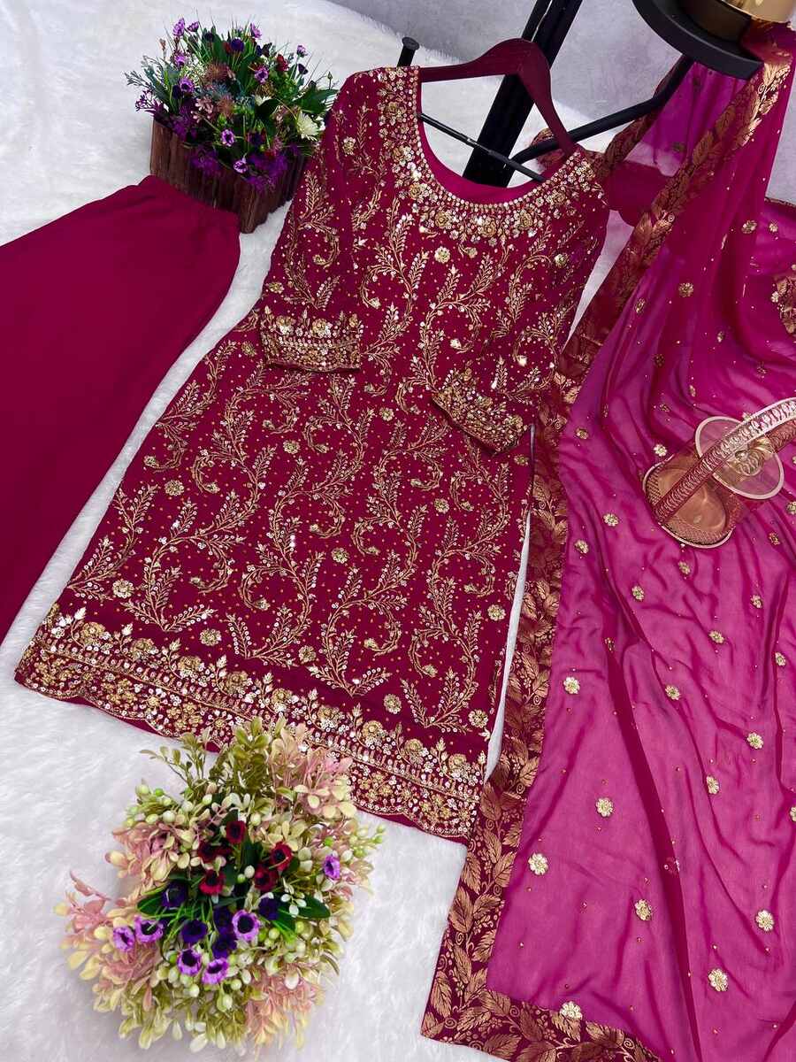 FANCY GEORGETTE EMBROIDREY STONE WORK TOP PALAZZO WITH DUPATTA PINK