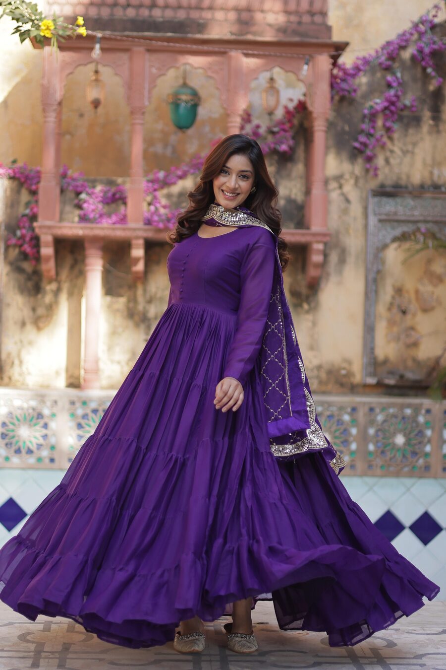 FASHIONABLE GEORGETTE PLAIN LAYER GOWN WITH EMBROIDERY SEQUENCE WORK DUPATTA PURPLE