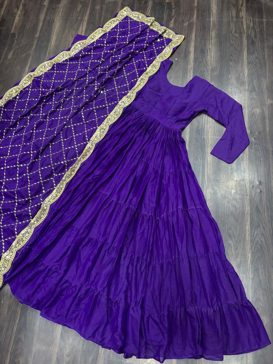 FASHIONABLE GEORGETTE PLAIN LAYER GOWN WITH EMBROIDERY SEQUENCE WORK DUPATTA PURPLE