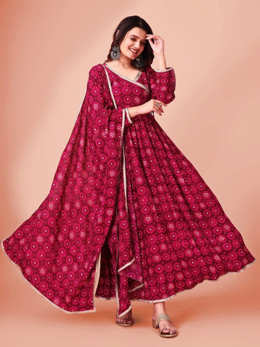 ATTRACTIVE DELTA SILK DIGITAL PRINT WORK GOWN WITH DUPATTA PINK