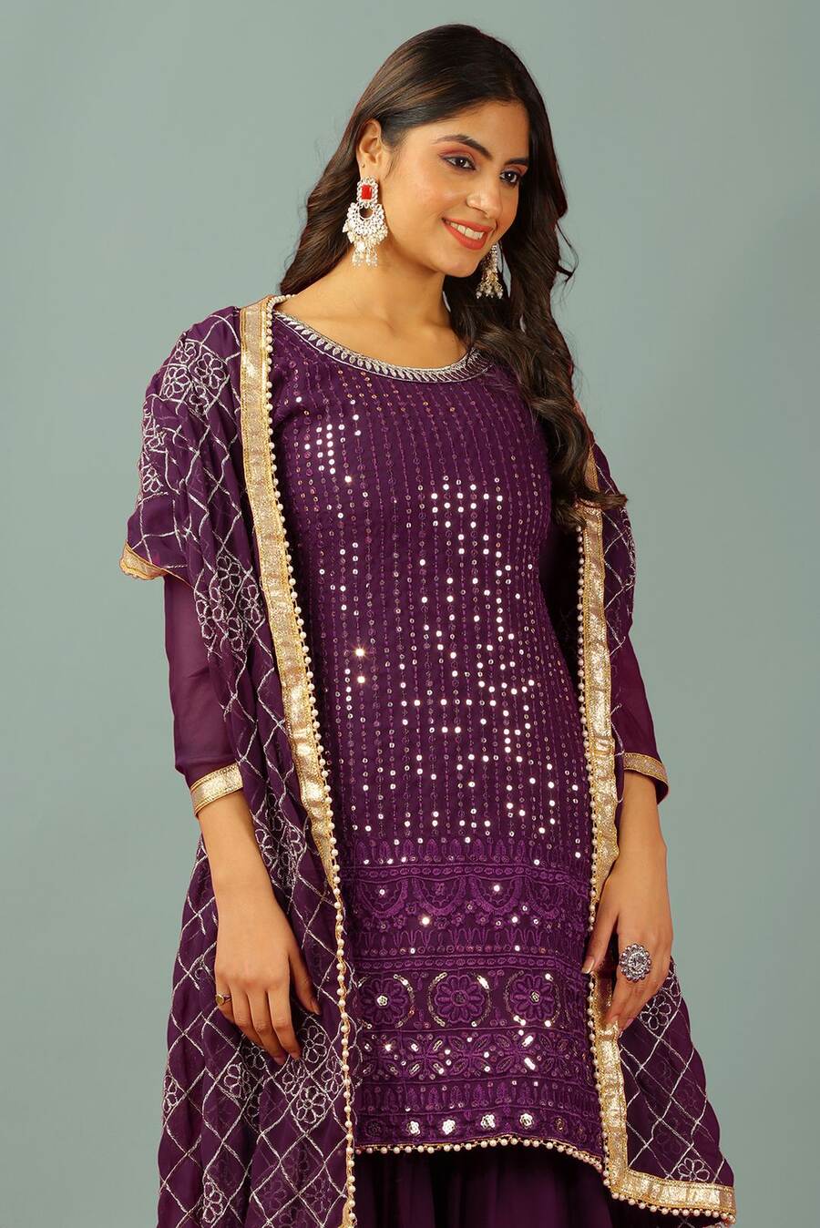 FANCY GEORGETTE EMBROIDERY SEQUENCE MOTI LACE WORK TOP SHARARA WITH DUPATTA