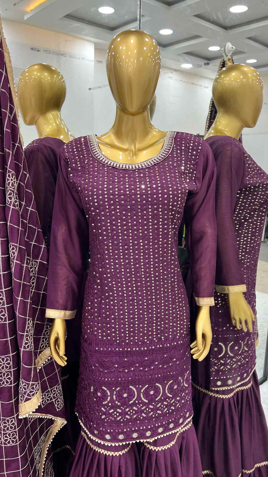 FANCY GEORGETTE EMBROIDERY SEQUENCE MOTI LACE WORK TOP SHARARA WITH DUPATTA