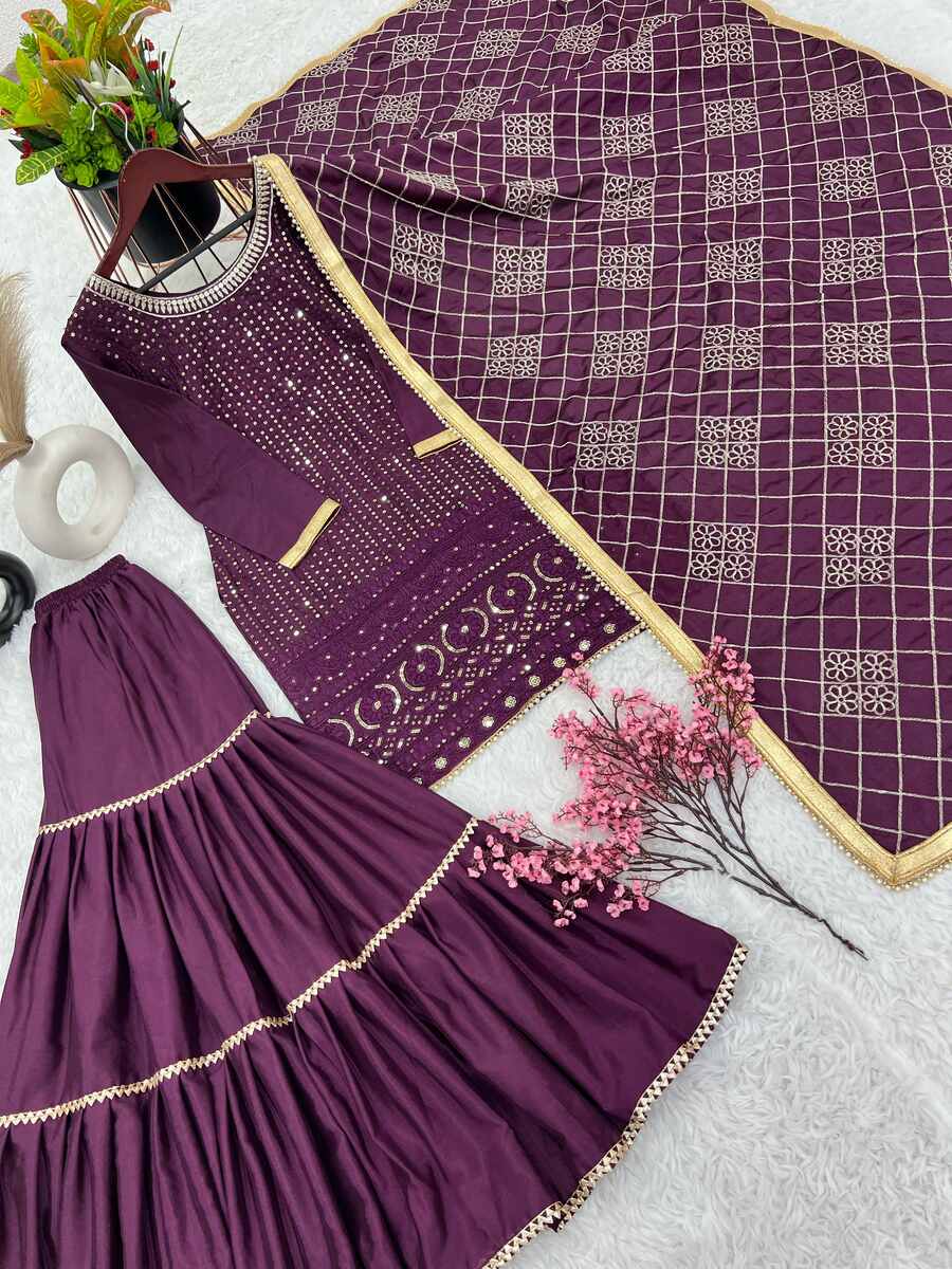 FANCY GEORGETTE EMBROIDERY SEQUENCE MOTI LACE WORK TOP SHARARA WITH DUPATTA