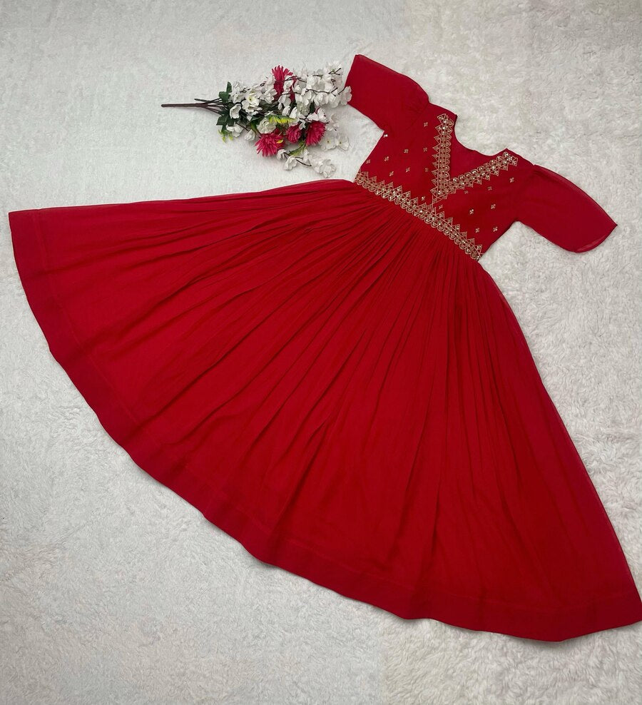 FANCY GEORGETTE SEQUENCE EMBROIDERY WORK ALIA CUT GOWN RED