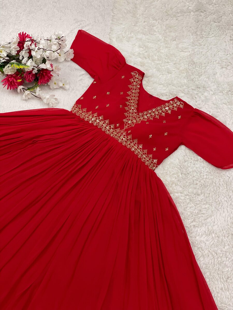 FANCY GEORGETTE SEQUENCE EMBROIDERY WORK ALIA CUT GOWN RED