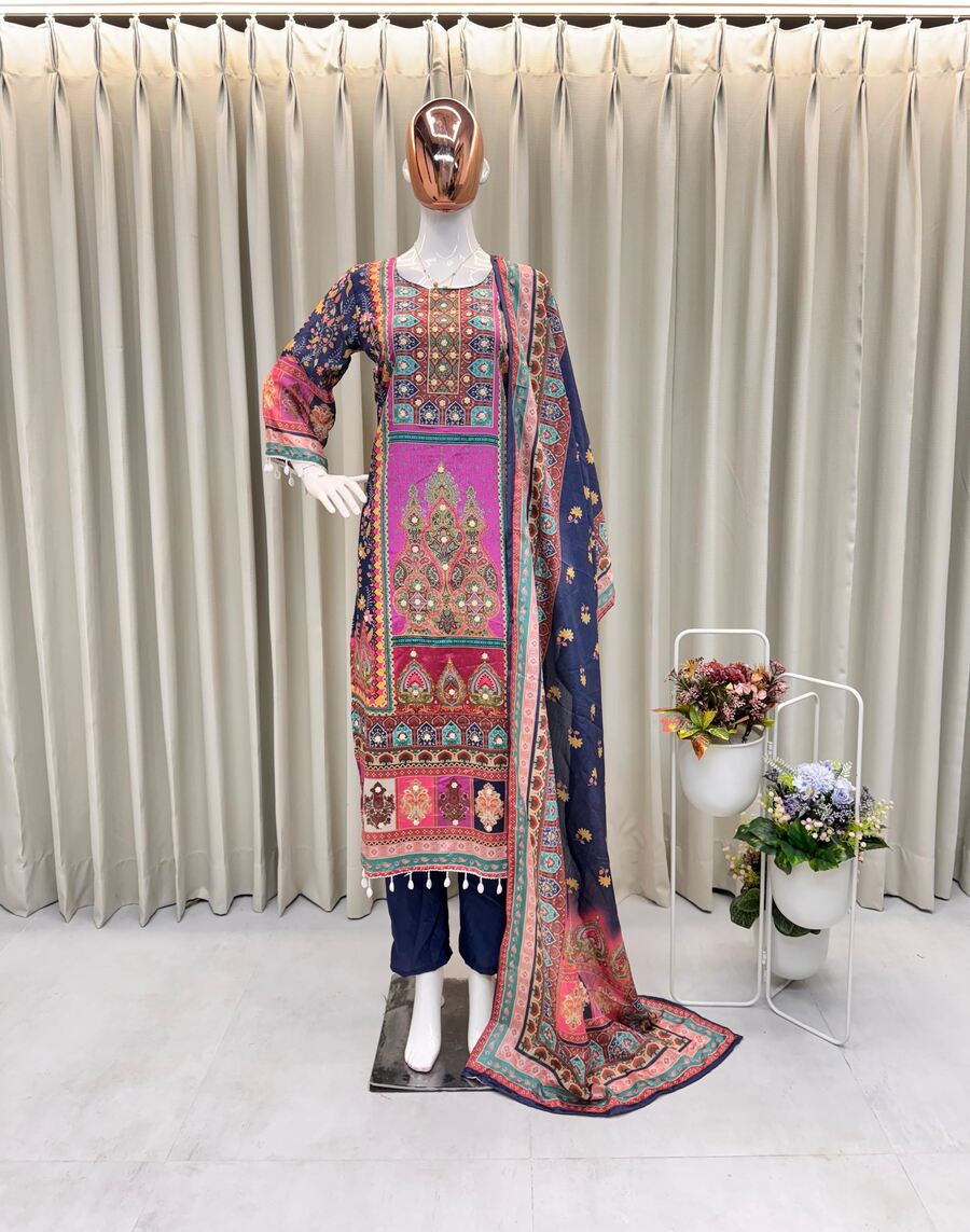FANCY CHINON PRINTED MOTI LACE WORK TOP BOTTOM WITH DUPATTA BLUE