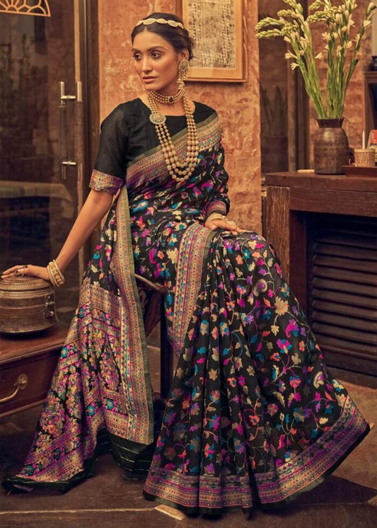 MOST PICKED BANARASI SOFT SILK THREAD WEAVING WORK SAREE WITH UNSTITCHED BLOUSE BLACK