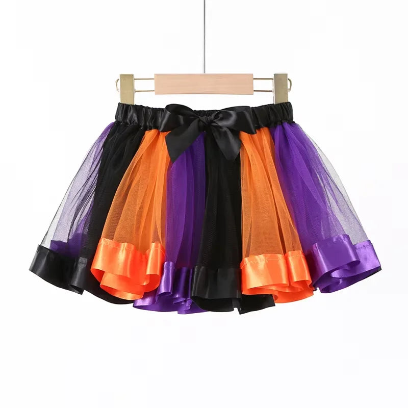Toddler Girls Halloween Outfit Little Boo Bat Print Short Sleeve T-shirt Color Block Tutu Skirt Set Kids Cosplay Party Costume