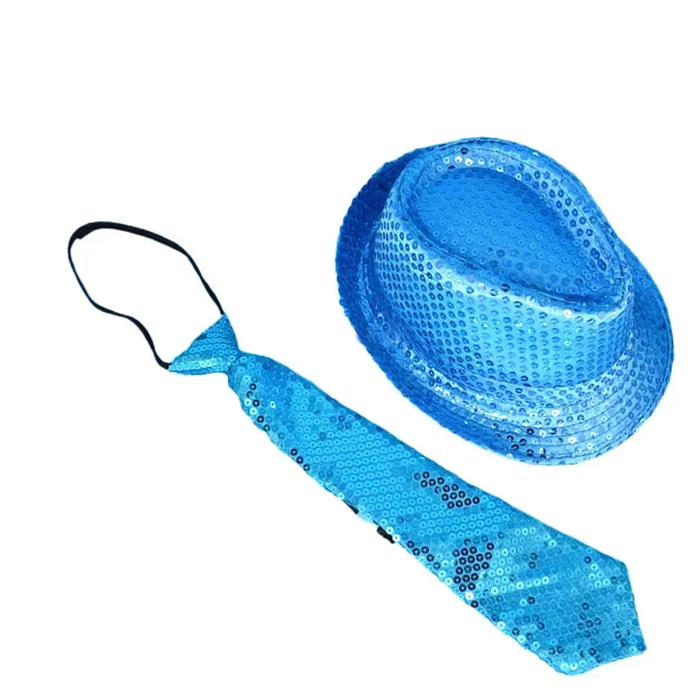 Kids Adult LED Light Up Tie Sequin Jazz Fedora Hat Flashing Neon Glow Party Gift Costume Cap Birthday Favors Wedding Festival