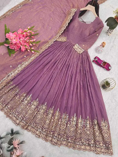 DESIGNER FENDY SILK EMBROIDERY SEQUENCE WORK GOWN WITH DUPATTA LAVENDER