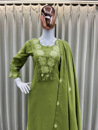 LATEST RAYON SLUB COTTON EMBROIDERY WITH KODI LATKAN LACE WORK TOP BOTTOM WITH DUPATTA