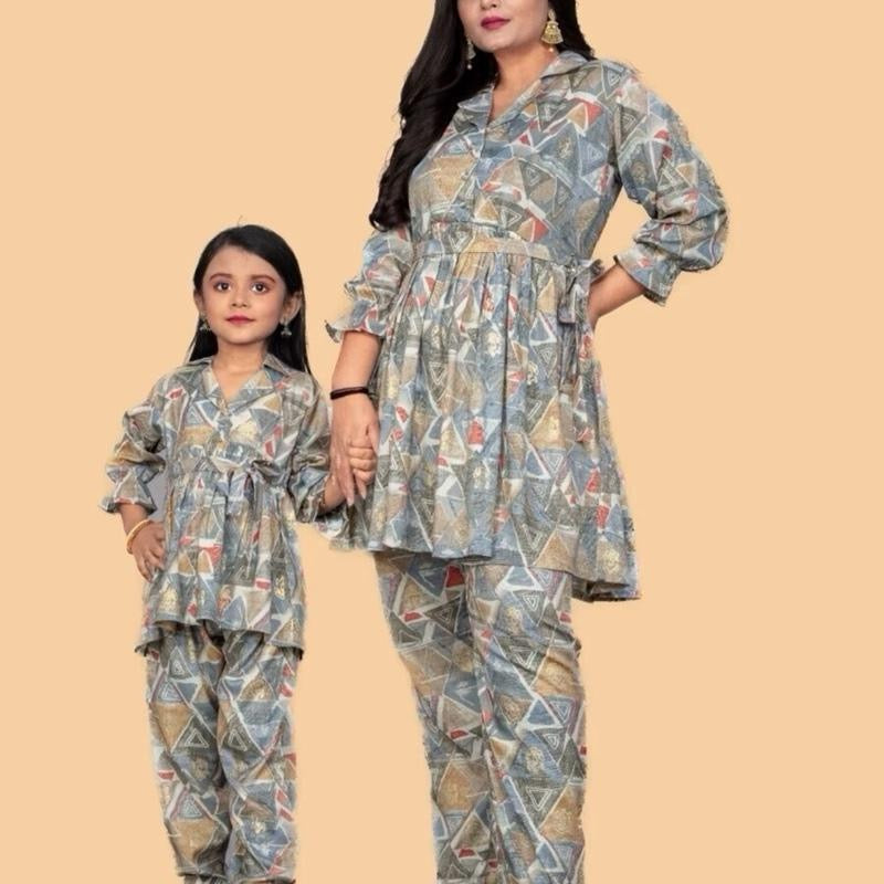 DESIGNER RAYON FOIL PRINT WORK MOTHER DAUGHTER CORD SET BABY pick yours