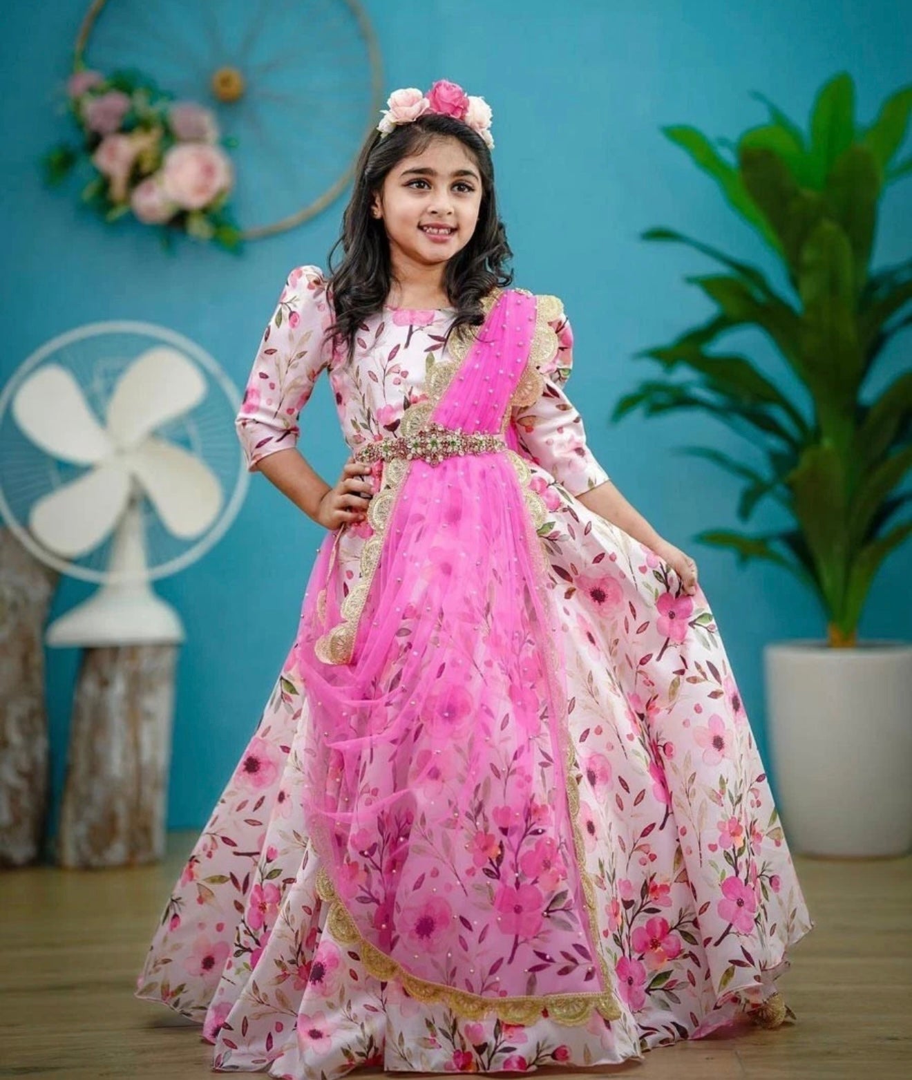 Kids Indian Traditional DIGITAL PRINT WORK GOWN WITH DUPATTA PINK age 3 to 5.