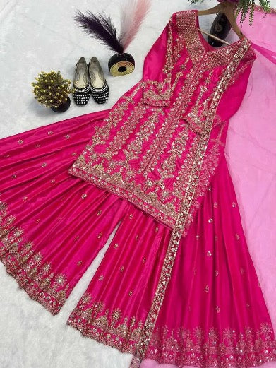FANCY MALAI SATIN SILK EMBROIDERY SEQUENCE WORK TOP PALAZZO WITH DUPATTA PINK