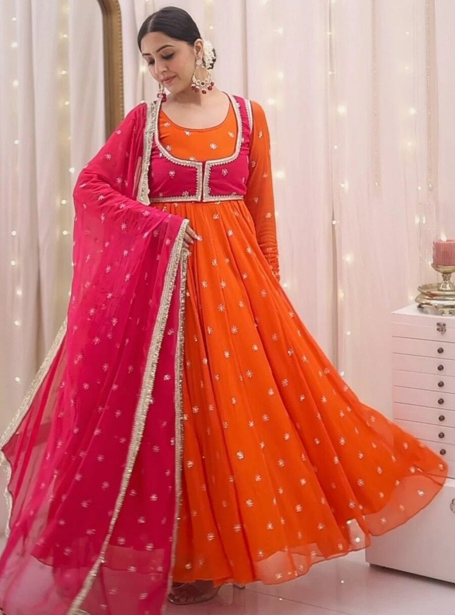RICH LOOK GEORGETTE THREAD & SEQUENCE WORK ANARAKALI WITH KOTI ,BOTTOM AND DUPATTA ORANGE