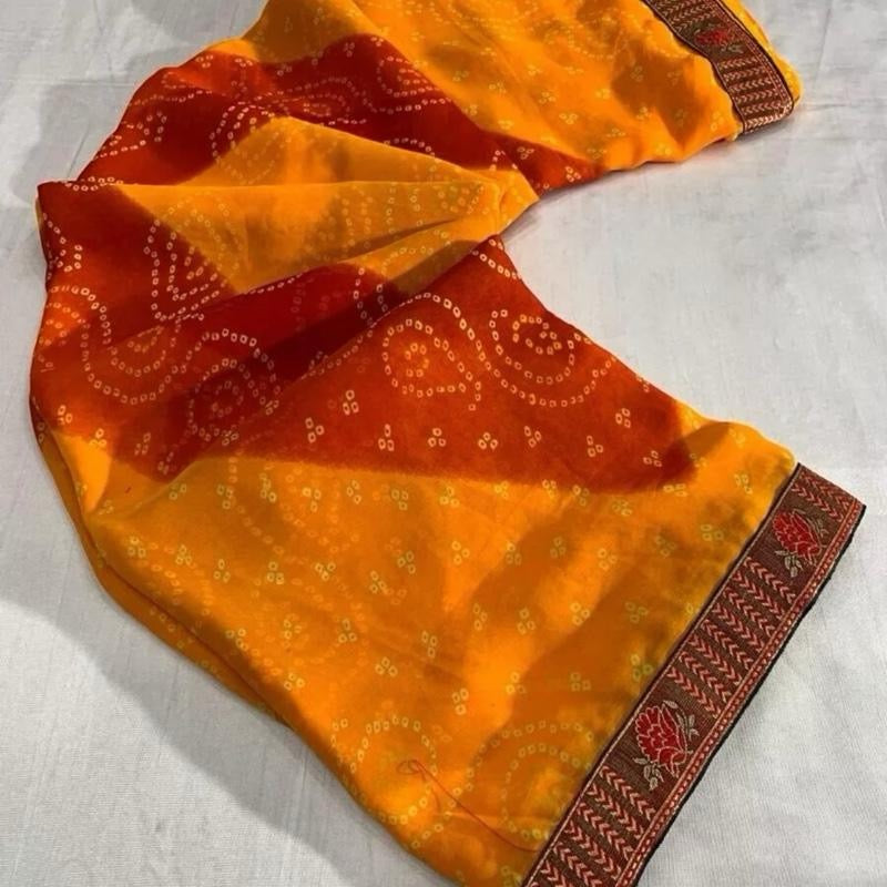 INDIAN FANCY GEORGETTE LACE WORK BANDHNI SAREE WITH UNSTITCHED BLOUSE