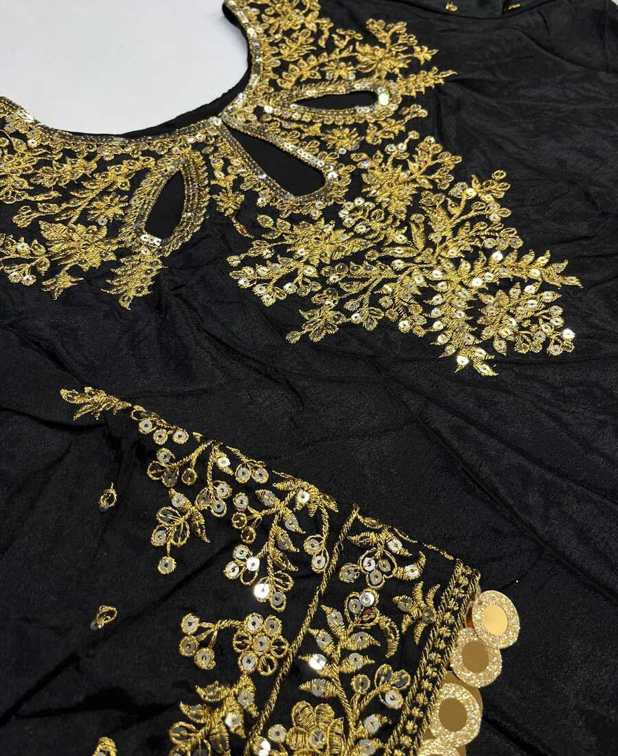 FASHIONABLE CHINON SILK EMBROIDERY SEQUENCE WORK TOP PALAZZO WITH DUPATTA BLACK
