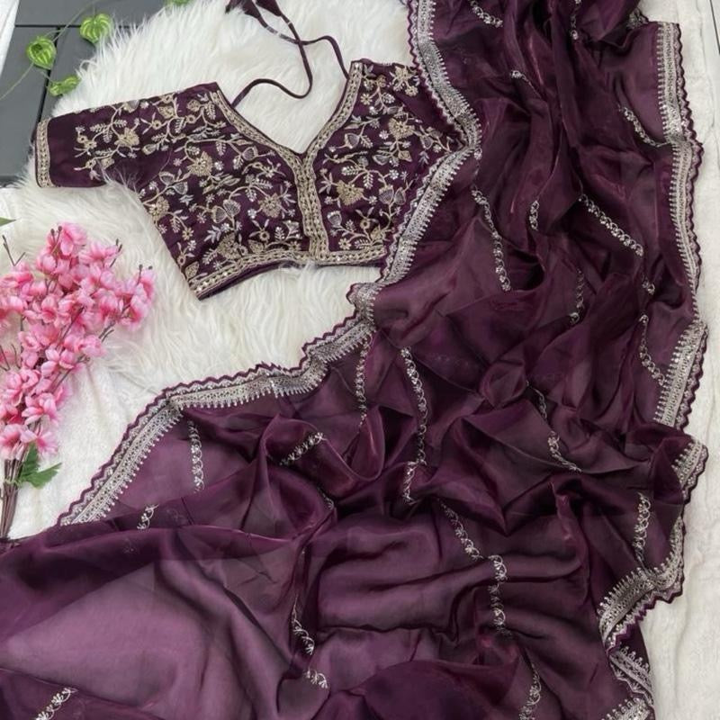 PARTY WEAR HIGH END SILK SEQUENCE WORK SAREE WITH  READY MADE BLOUSE up to 42”