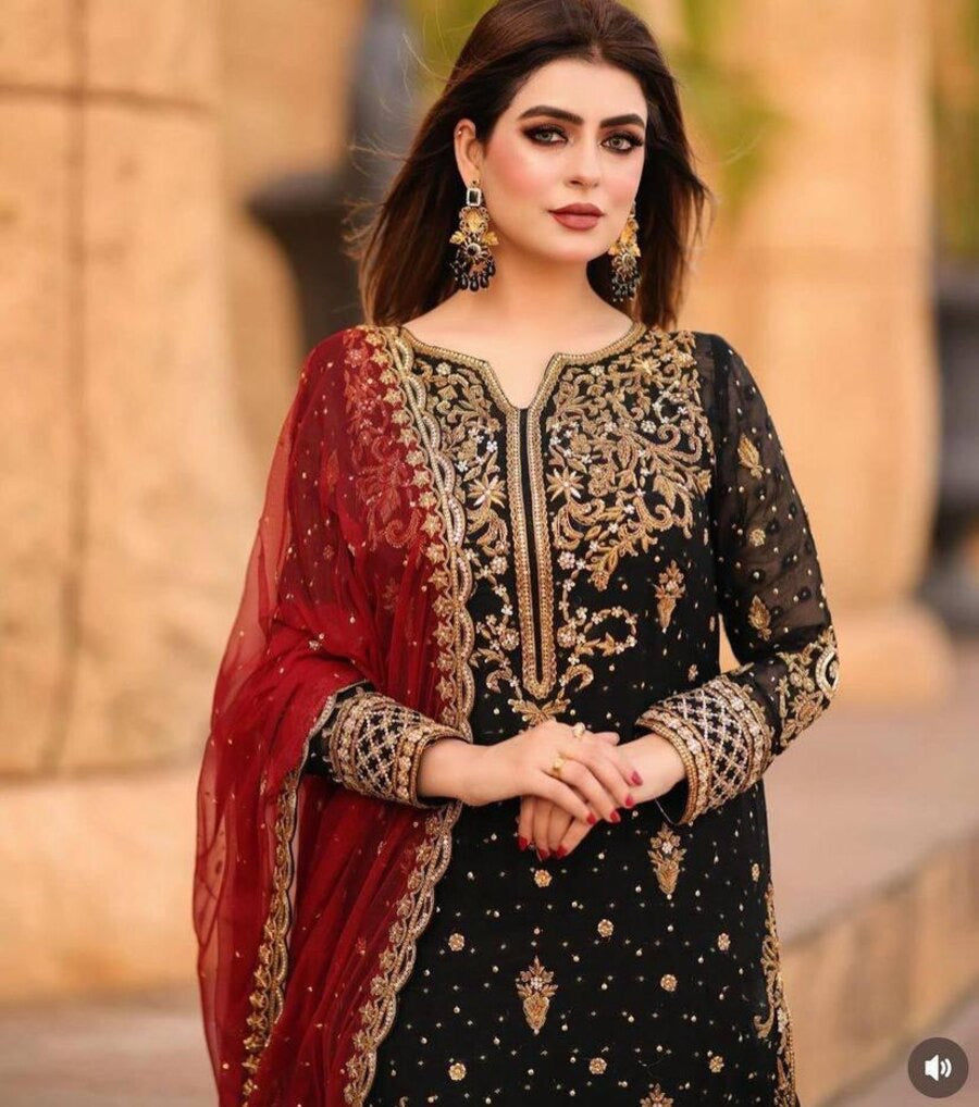 NEW ARRIVAL GEORGETTE SEQUENCE EMBROIDERY WORK TOP BOTTOM WITH DUPATTA BLACK