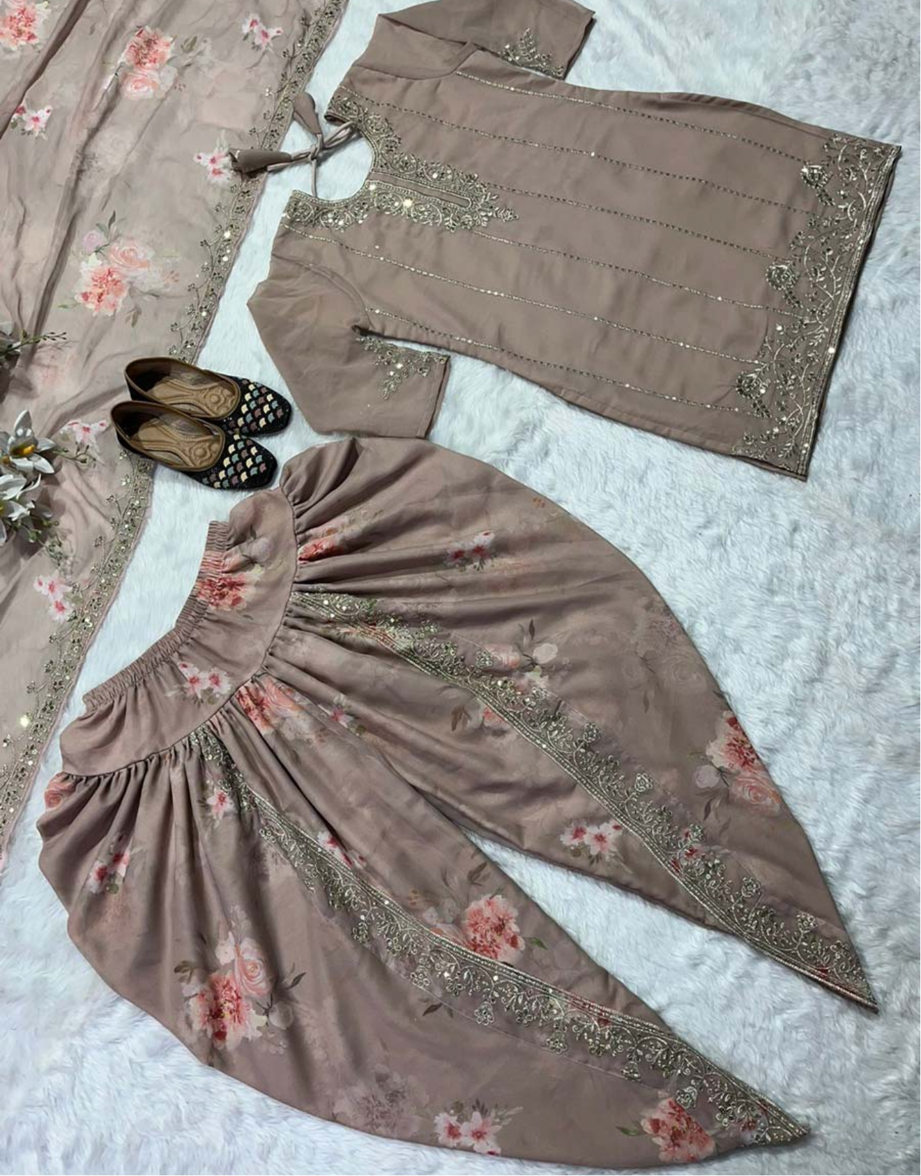 PARTY WEAR GEORGETTE SEQUENCE EMBROIDERY WORK TOP DHOTI WITH DUPATTA