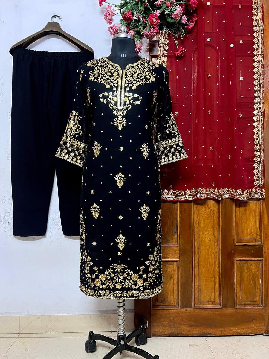 NEW ARRIVAL GEORGETTE SEQUENCE EMBROIDERY WORK TOP BOTTOM WITH DUPATTA BLACK
