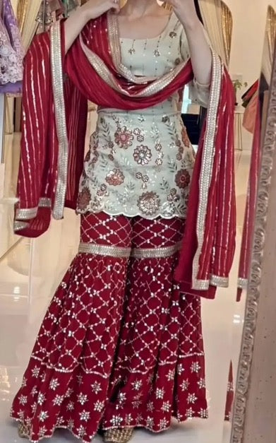 RICH LOOK CHINON SILK SEQUENCE EMBROIDERY WORK TOP SHARARA WITH DUPATTA RED