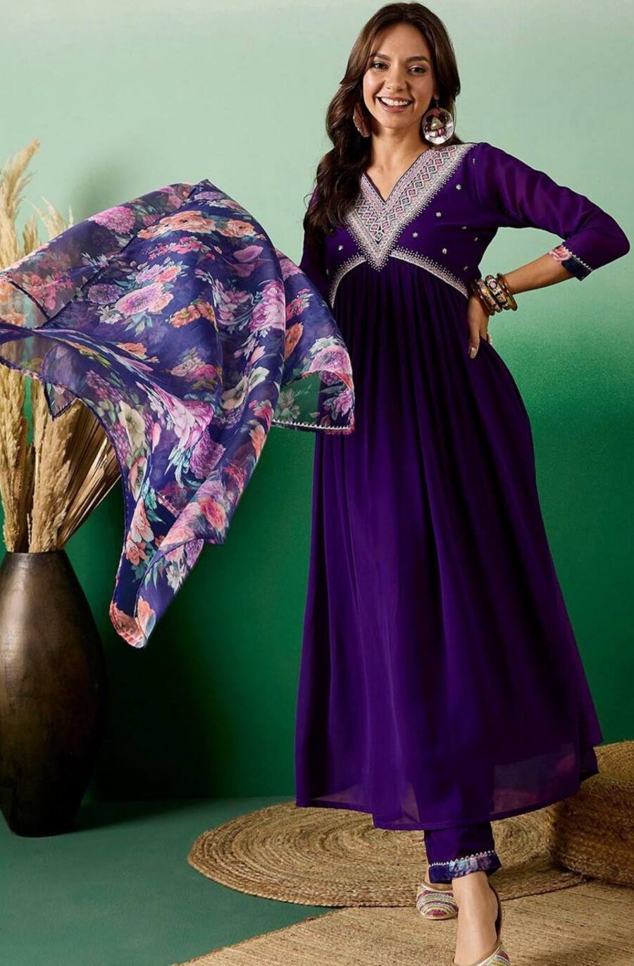 TRENDING GEORGETTE EMBROIDERY SEQUENCE WORK ALIA CUT TOP BOTTOM WITH DUPATTA PURPLE