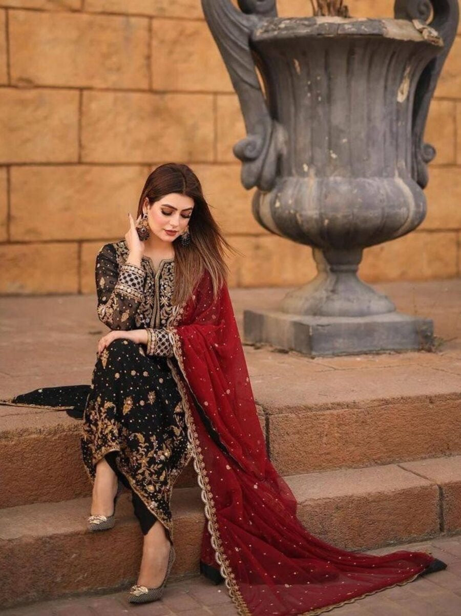 NEW ARRIVAL GEORGETTE SEQUENCE EMBROIDERY WORK TOP BOTTOM WITH DUPATTA BLACK