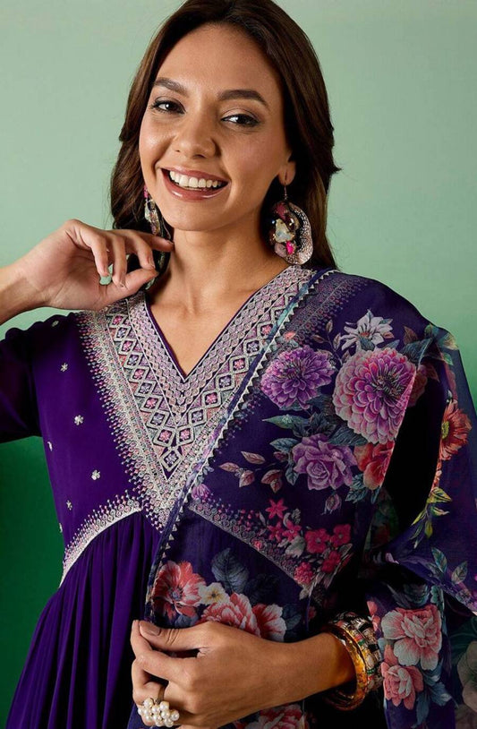 TRENDING GEORGETTE EMBROIDERY SEQUENCE WORK ALIA CUT TOP BOTTOM WITH DUPATTA PURPLE