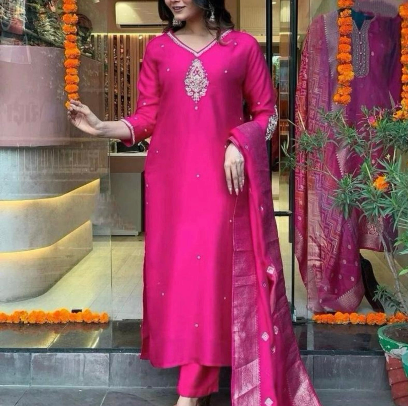 INDIAN GORGEOUS CHANDERI SILK EMBROIDERY WORK TOP BOTTOM WITH DUPATTA SIZE 40