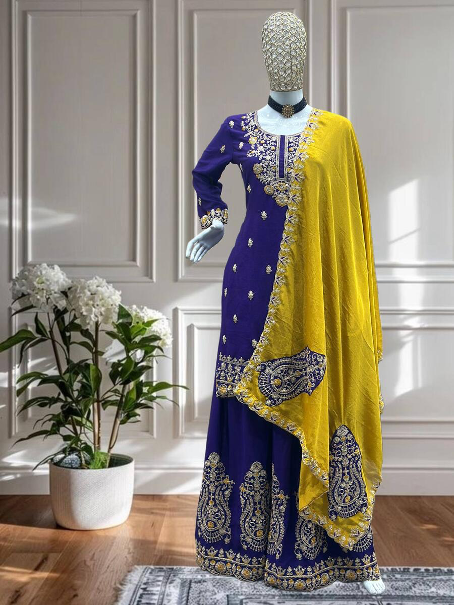 MODERN CHINON EMBROIDERY SEQUENCE CODING DESIGN WORK TOP PALAZZO WITH DUPATTA IN XL