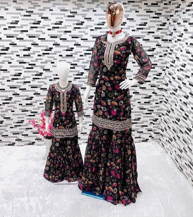 FANCY GEORGETTE DIGITAL PIRNT EMBROIDERY WORK TOP SHARARA WITH DUPATTA MOTHER DAUGHTER COMBO BROWN