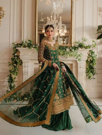 NEW ARRIVAL GEORGETTE SEQUENCE EMBROIDERY WORK TOP SHARARA WITH DUPATTA GREEN