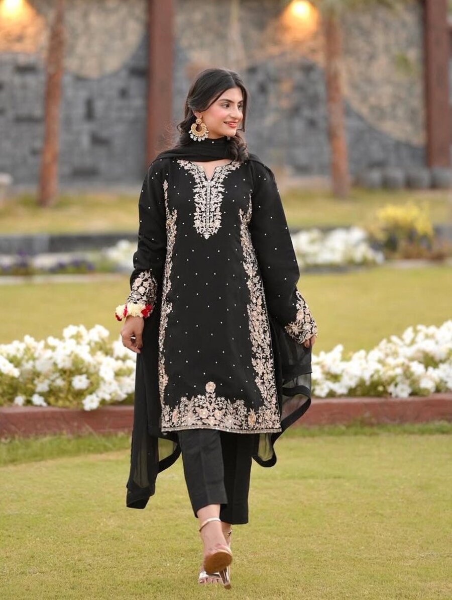 LATEST FAUX GEORGETTE EMBROIDERY AND RIVETED MOTI WORK TOP BOTTOM WITH DUPATTA BLACK