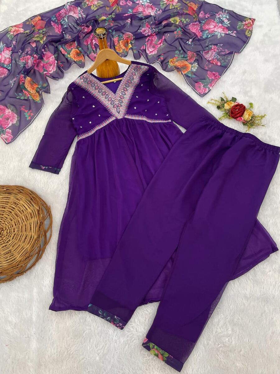 TRENDING GEORGETTE EMBROIDERY SEQUENCE WORK ALIA CUT TOP BOTTOM WITH DUPATTA PURPLE