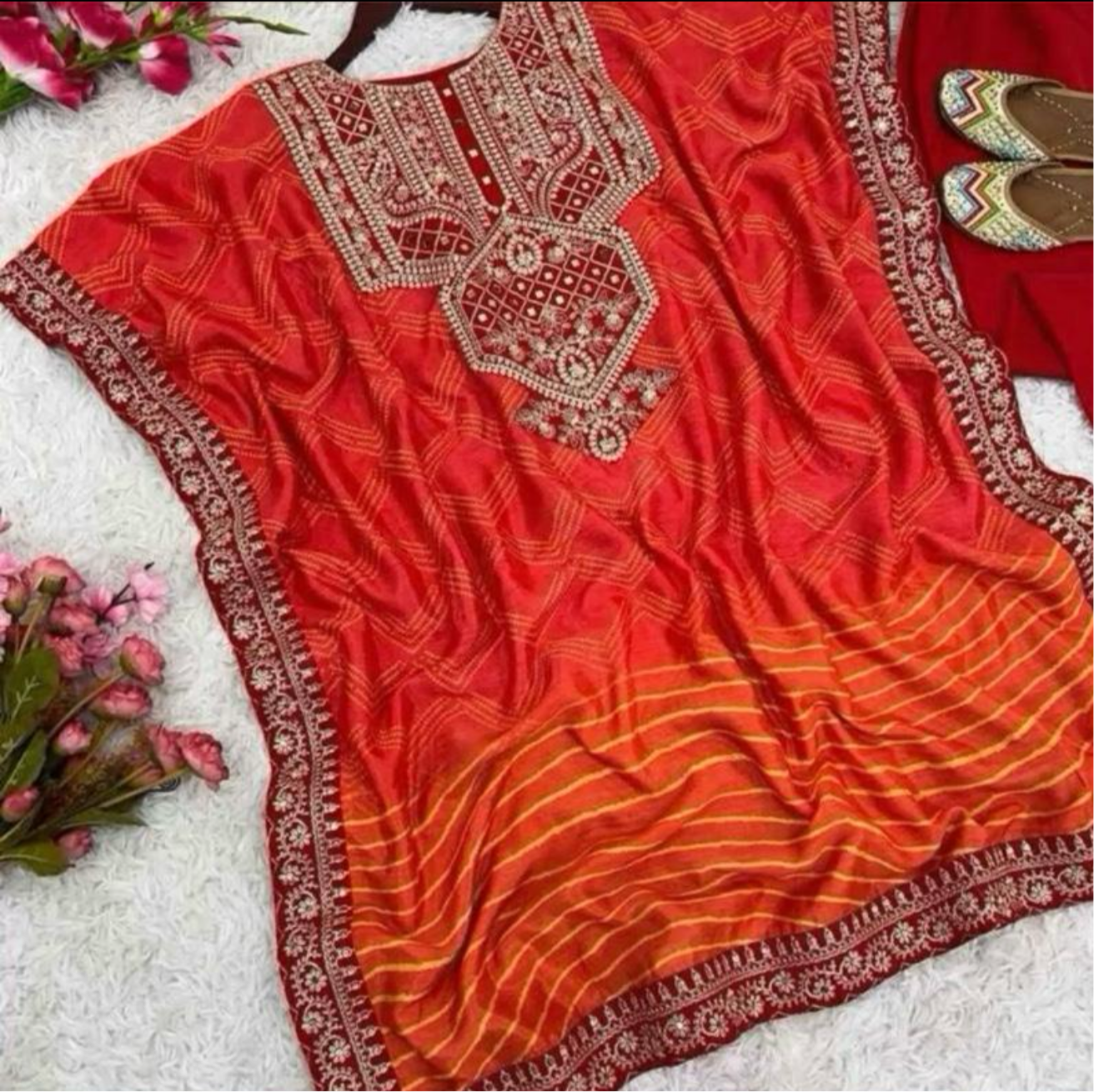 DESIGNER CHINON SILK EMBROIDERY CODING DORI -SEQUENCE WORK KAFTAN WITH BOTTOM RED