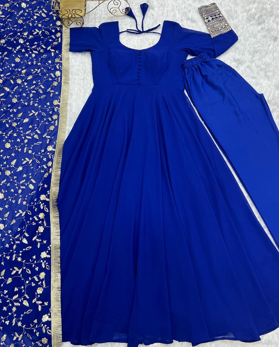 FASHIONABLE GEORGETTE SEQUENCE ZARI WORK GOWN PENT WITH DUPATTA BLUE