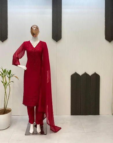 DESIGNER GEORGETTE SEQUENCE EMBROIDERY WORK TOP BOTTOM WITH DUPATTA RED