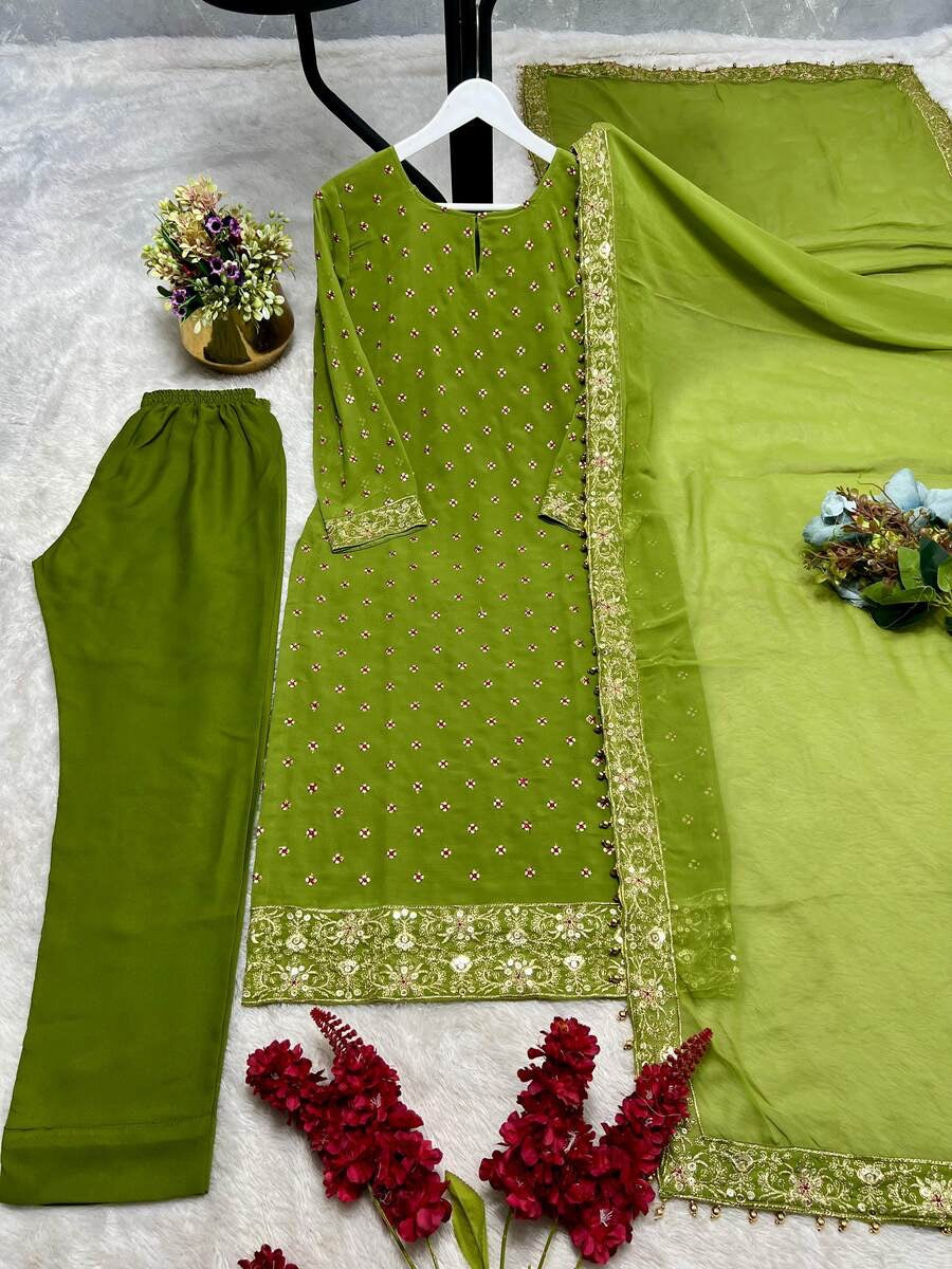 ATTRACTIVE GEORGETTE EMBROIDERY SEQUENCE WORK TOP BOTTOM WITH DUPATTA PARROT GREEN