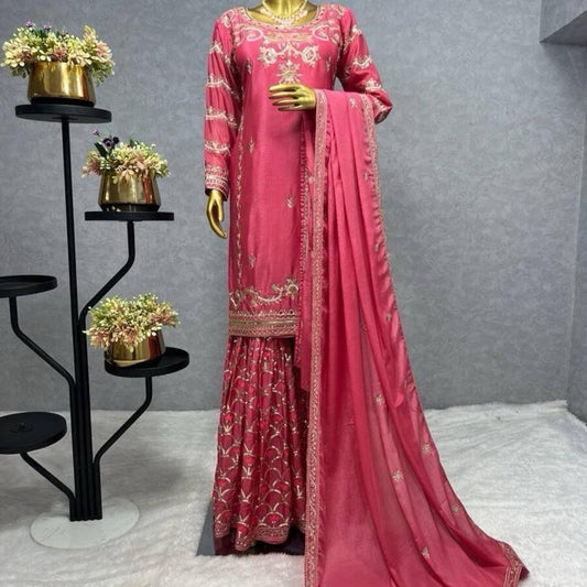 LATEST CHINON EMBROIDERY SEQUENCE MIRROR WORK TOP SHARARA WITH DUPATTA PINK