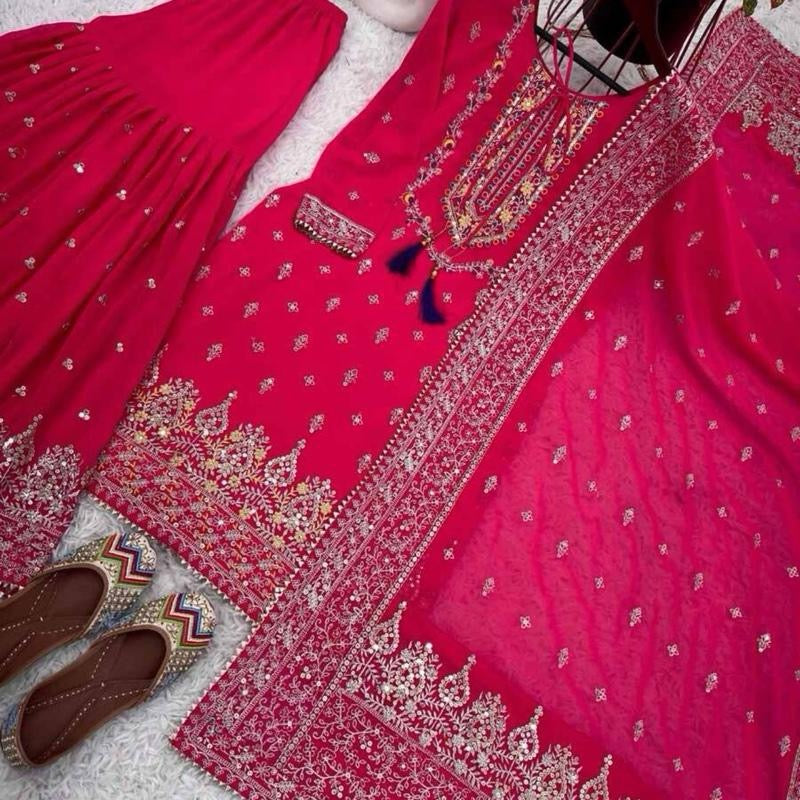 FASHIONABLE CHINON SILK EMBROIDREY SEQUENCE WORK TOP SHARARA WITH DUPATTA